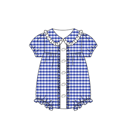 (Pre-order)SR3209 Football Blue Plaid Print Baby Girls Summer Romper