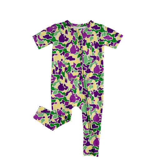 (Pre-order)SR3211 Purple Green Camo Print Baby Mardi Gras Zipper Sleeper Romper