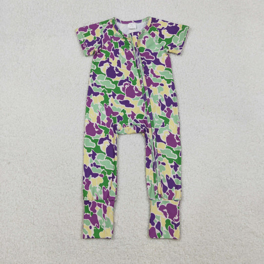 SR3211 Purple Green Camo Print Baby Mardi Gras Zipper Sleeper Romper