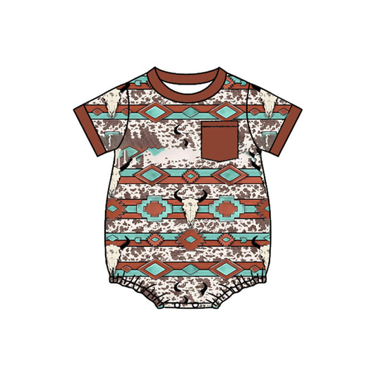 (Pre-order)SR3212 Cow Skull Brown Print Baby Boys Western Romper