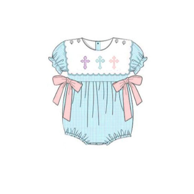 (Pre-order)SR3214 Cross Blue Print Baby Girls Easter Romper