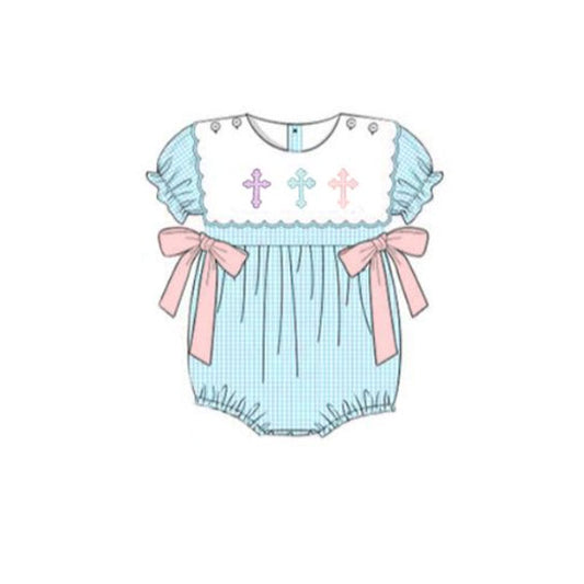 (Pre-order)SR3214 Cross Blue Print Baby Girls Easter Romper