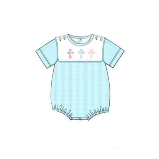 (Pre-order)SR3215 Cross Blue Print Baby Boys Easter Romper