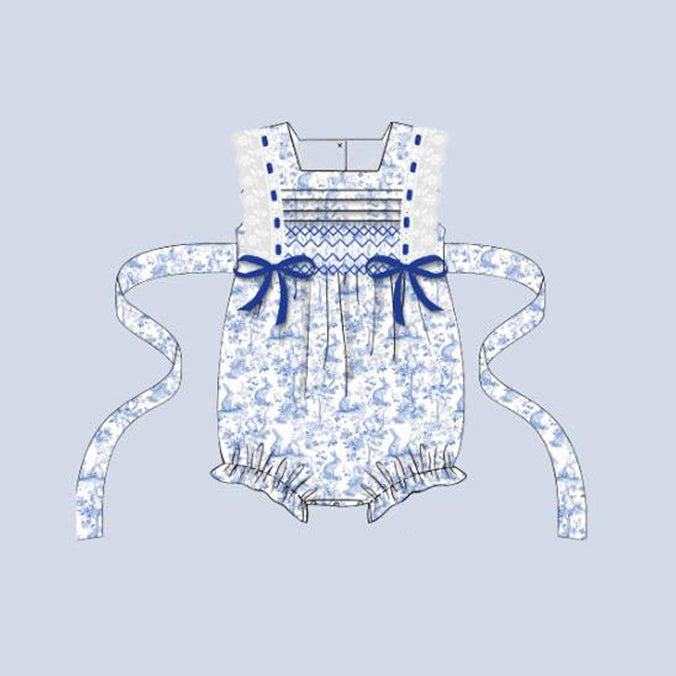 (Pre-order)SR3219 Bunny Blue Print Baby Girls Easter Romper