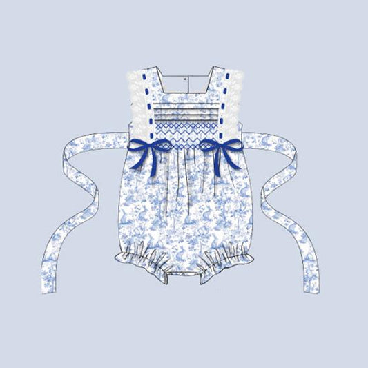 (Pre-order)SR3219 Bunny Blue Print Baby Girls Easter Romper
