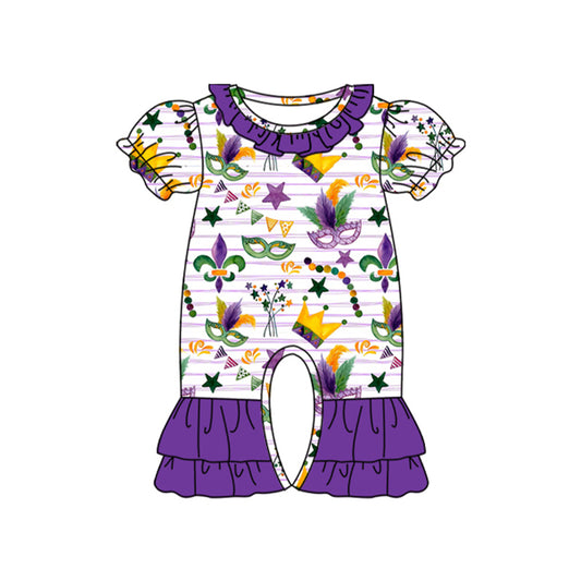 (Pre-order)SR3224 Mask Stripes Print Baby Girls Mardi Gras Romper