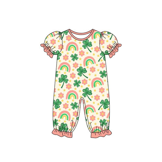 (Pre-order)SR3225 Leaf Rainbow Flowers Print Baby Girls St. Patrick's Day Romper