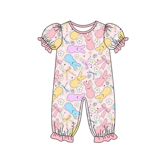 (Pre-order)SR3226 Colorful Bunny Flowers Bows Print Baby Girls Easter Romper