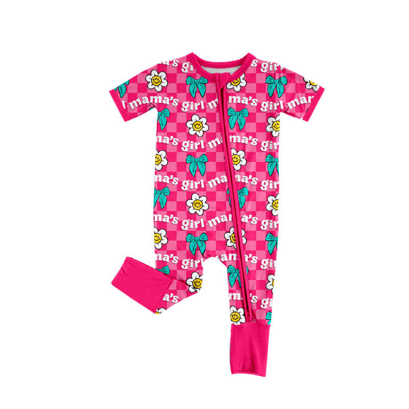 (Pre-order)SR3227 MAMA'S Girl Smiling Face Bows Plaid Print Baby Girls Sleeper Zipper Romper