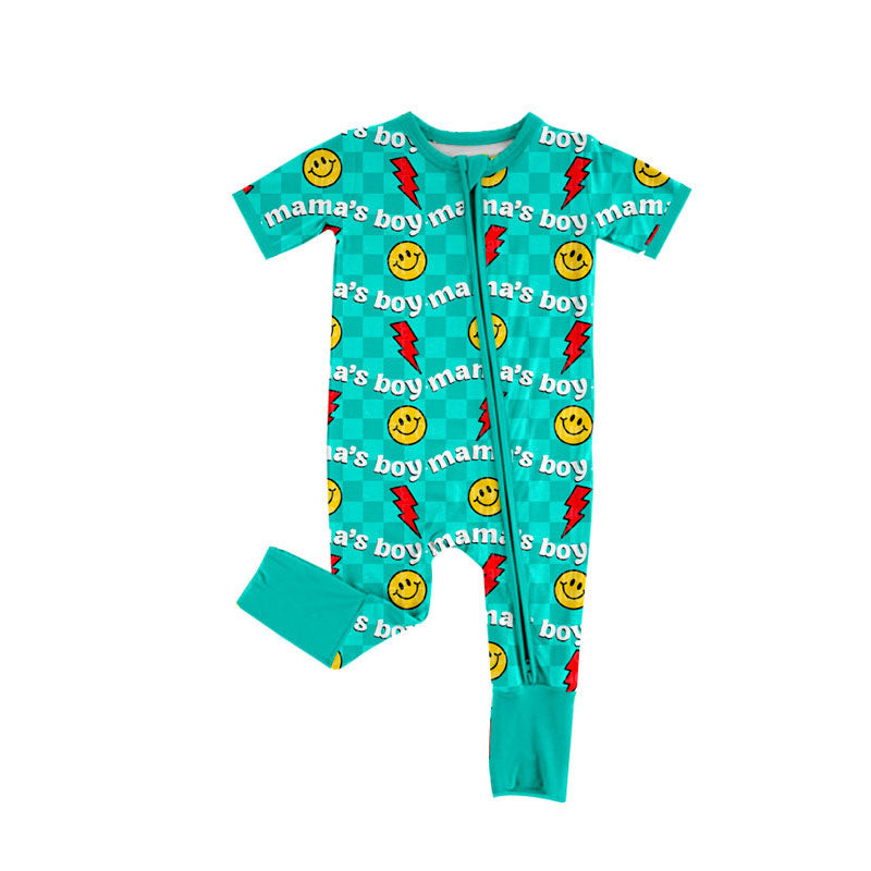 (Pre-order)SR3228 MAMA'S BOY Smiling Face Plaid Print Baby Boys Sleeper Zipper Romper
