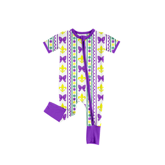 (Pre-order)SR3229 Anchor Bows Print Baby Girls Mardi Gras Sleeper Zipper Romper
