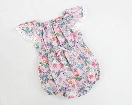 (Pre-order)SR3234 Bunny Flowers Print Baby Girls Easter Romper