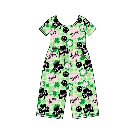 (Pre-order)SR3237 Lucky Leaf Pink Plaid Print Girls St. Patrick's Day Jumpsuits