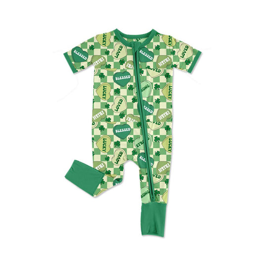 (Pre-order)SR3238 LUCKY LOVED Heart Plaid Print Baby St. Patrick's Day Sleeper Zipper Romper