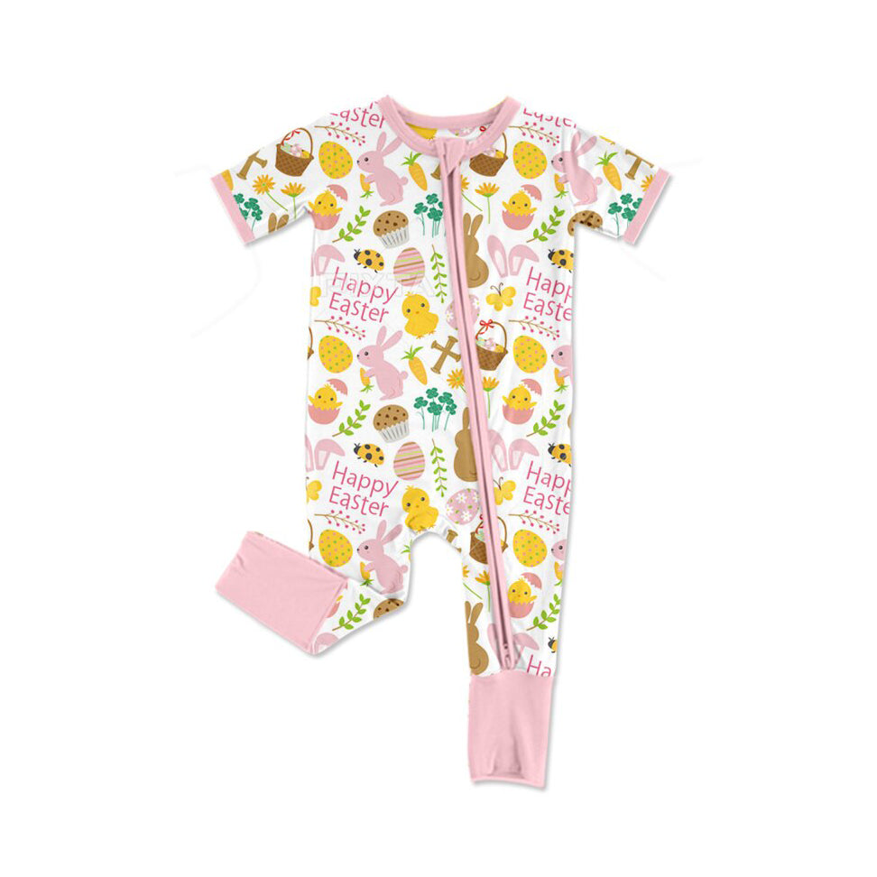 (Pre-order)SR3239 Bunny Eggs Print Baby Girls Easter Sleeper Zipper Romper