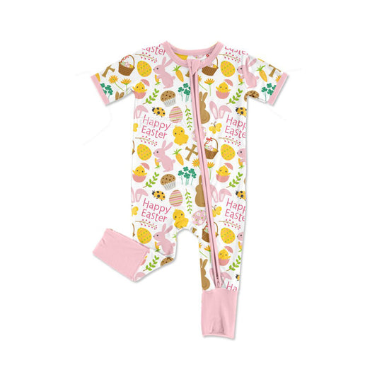 (Pre-order)SR3239 Bunny Eggs Print Baby Girls Easter Sleeper Zipper Romper