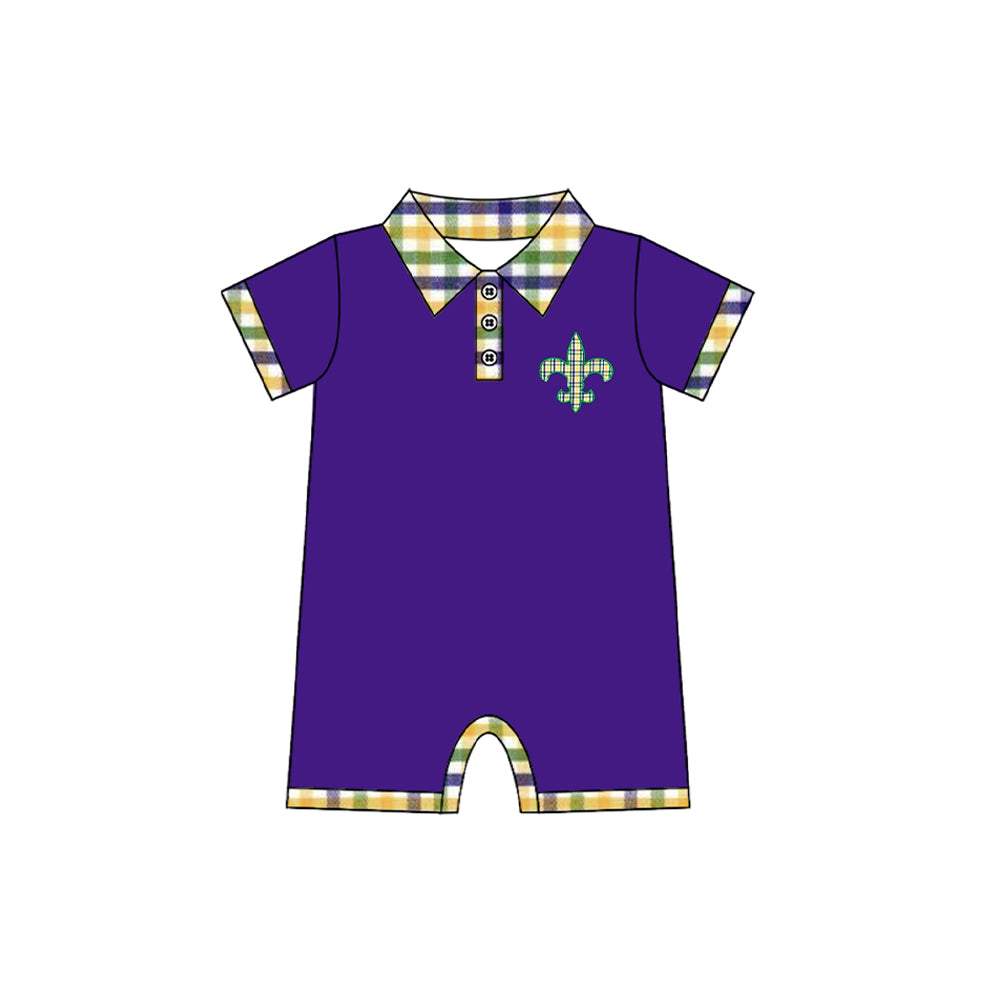 (Pre-order)SR3241 Anchor Purple Plaid Print Baby Boys Mardi Gras Romper
