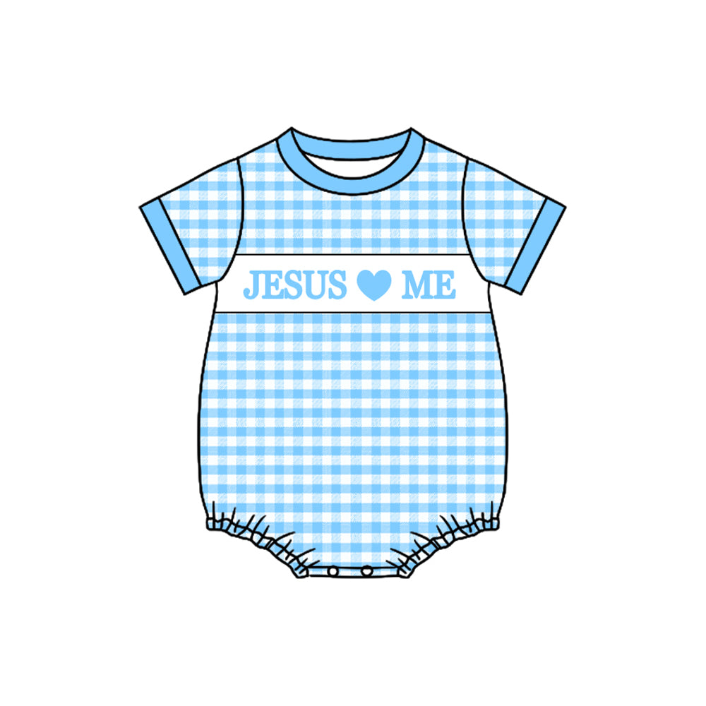 (Pre-order)SR3248 Jesus Loves Me Blue Plaid Print Baby Boys Easter Bubble Romper