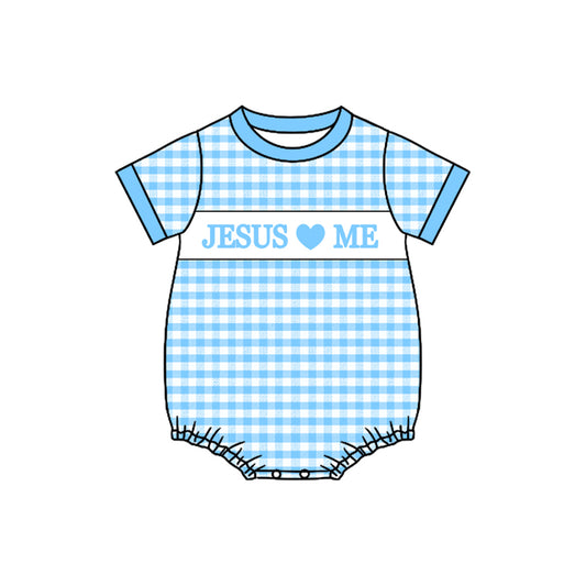 (Pre-order)SR3248 Jesus Loves Me Blue Plaid Print Baby Boys Easter Bubble Romper