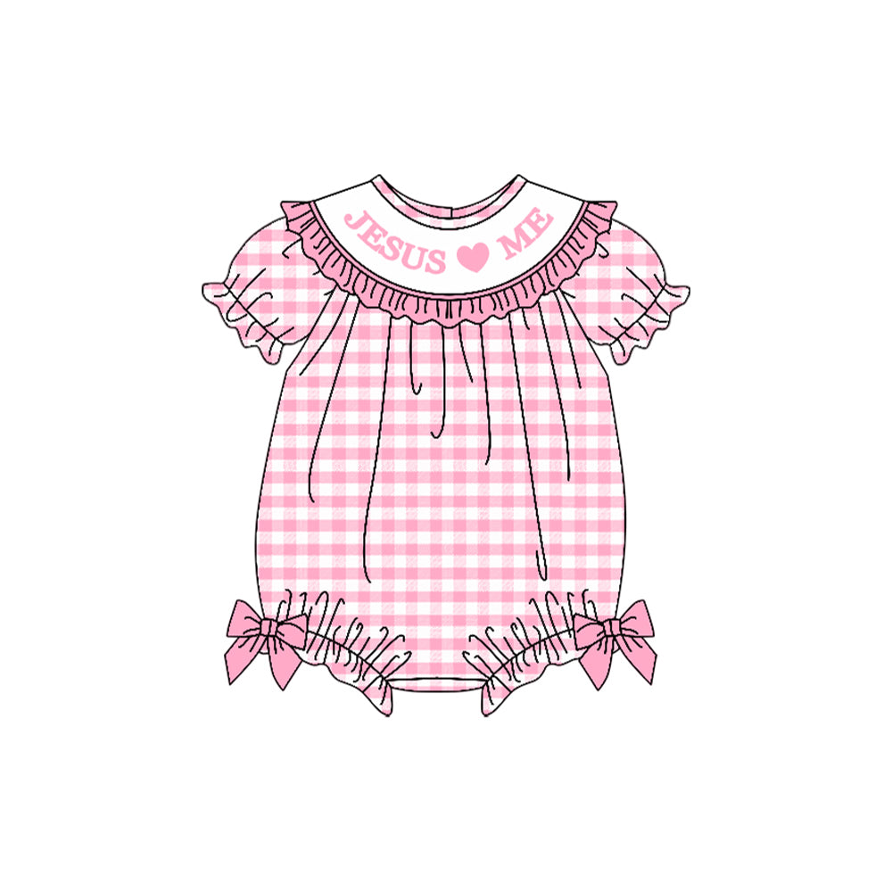(Pre-order)SR3249 Jesus Loves Me Pink Plaid Print Baby Girls Easter Bubble Romper