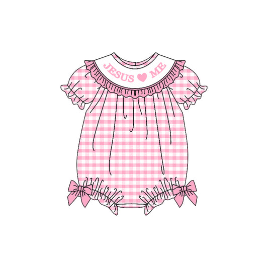 (Pre-order)SR3249 Jesus Loves Me Pink Plaid Print Baby Girls Easter Bubble Romper