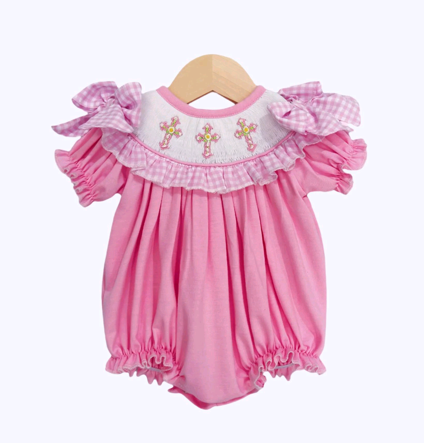 (Pre-order)SR3250 Cross Pink Print Baby Girls Easter Bubble Romper