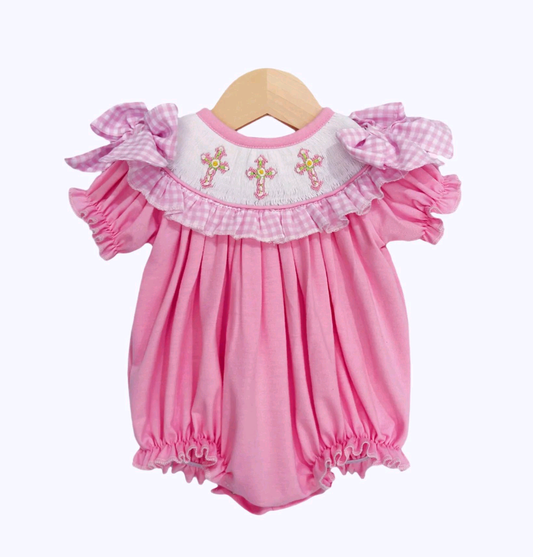 (Pre-order)SR3250 Cross Pink Print Baby Girls Easter Bubble Romper