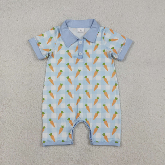 SR3254 Carrot Plaid Blue Print Baby Boys Easter Romper