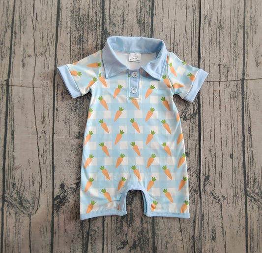 (Pre-order)SR3254 Carrot Plaid Blue Print Baby Boys Easter Romper