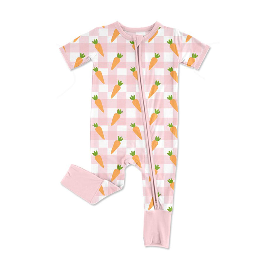(Pre-order)SR3255 Carrot Plaid Pink Print Baby Girls Easter Sleeper Zipper Romper