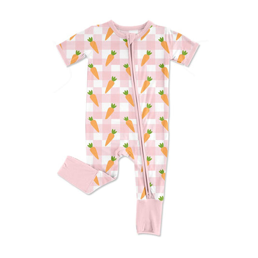 (Pre-order)SR3255 Carrot Plaid Pink Print Baby Girls Easter Sleeper Zipper Romper