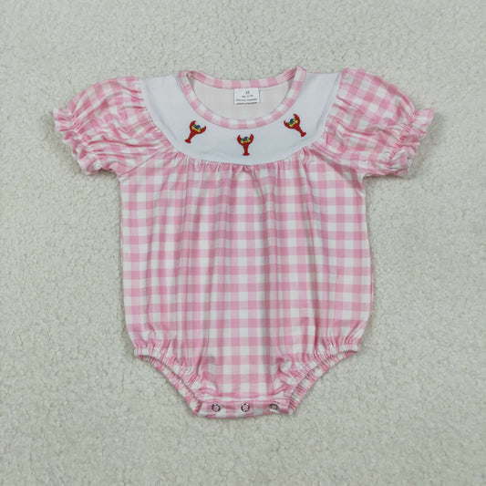 SR3256 Crayfish Embroidery Pink Plaid Print Baby Girls Summer Romper