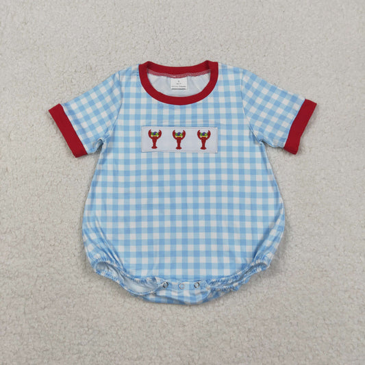 SR3257 Crayfish Embroidery Plaid Blue Print Baby Boys Summer Romper