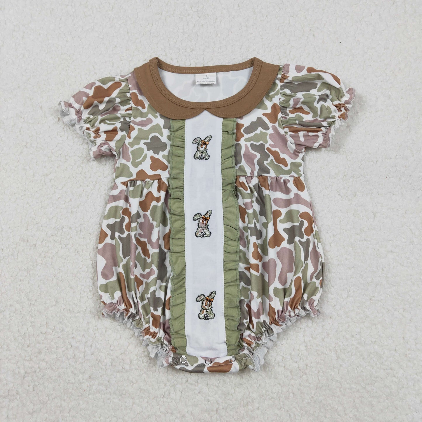 SR3259 Bunny Embroidery Camo Print Baby Girls Easter Ruffles Romper