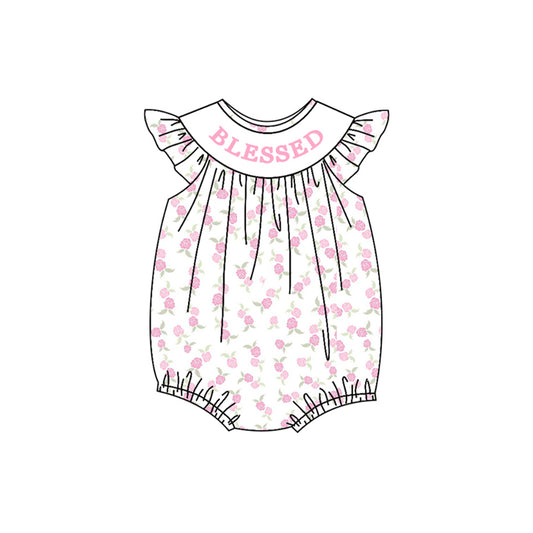(Pre-order)SR3260 BLESSED Pink Flowers Print Baby Girls Summer Romper