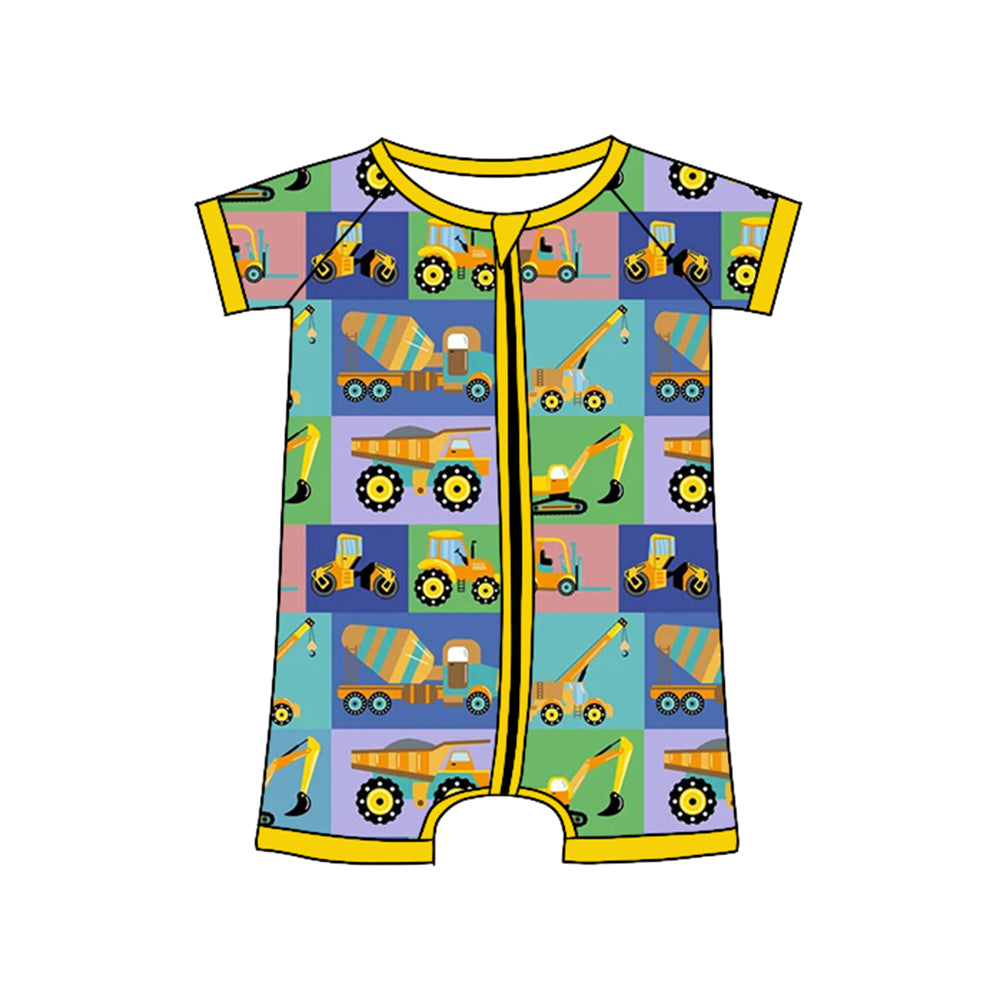 (Pre-order)SR3268 Construction Trucks Print Baby Boys Summer Sleeper Zipper Romper
