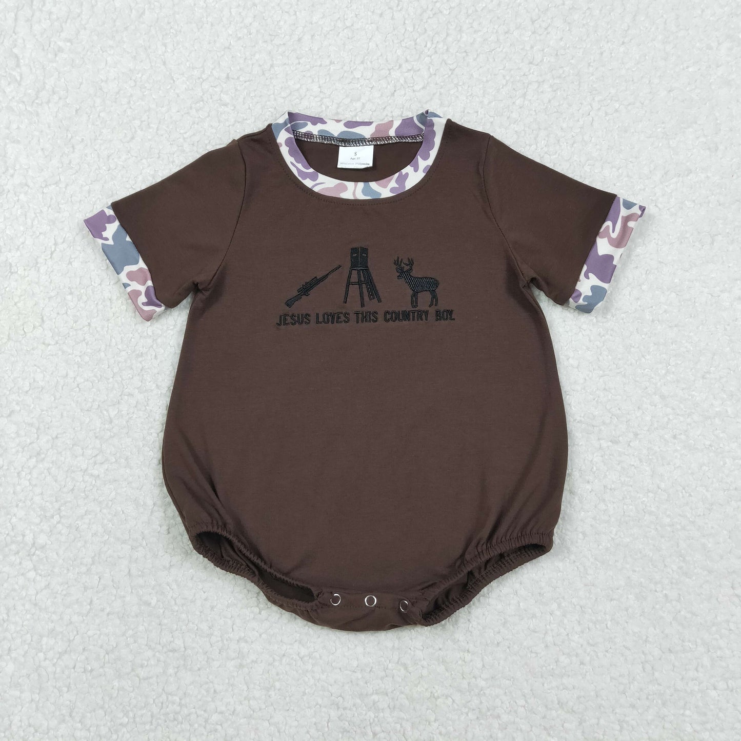 SR3280 Country Boy Hunting Embroidery Brown Camo Print Baby Boys Summer Romper