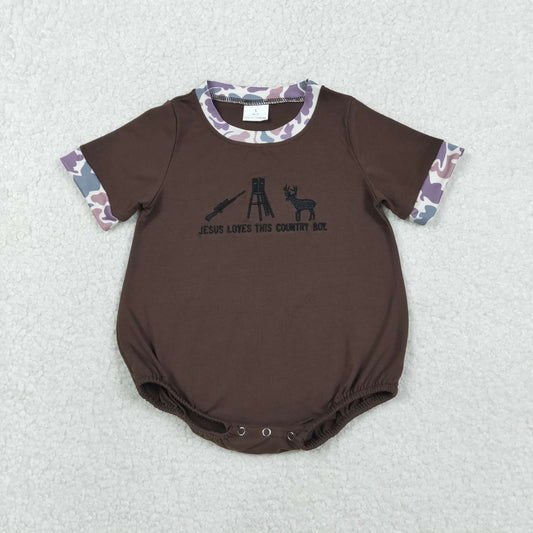 SR3280 Country Boy Hunting Embroidery Brown Camo Print Baby Boys Summer Romper