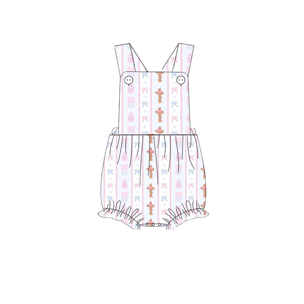 (Pre-order)SR3283 Eggs Bows Cross Print Baby Girls Easter Romper