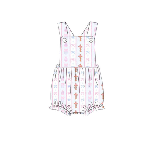 (Pre-order)SR3283 Eggs Bows Cross Print Baby Girls Easter Romper