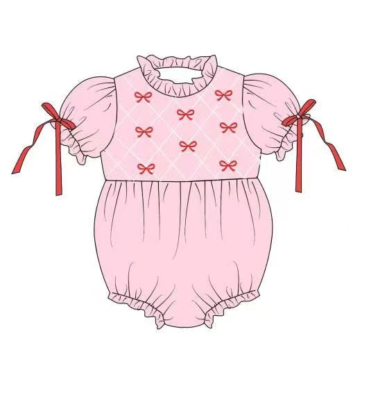 (Pre-order)SR3285 Red Bows Pink Print Baby Girls Valentine's Day Romper