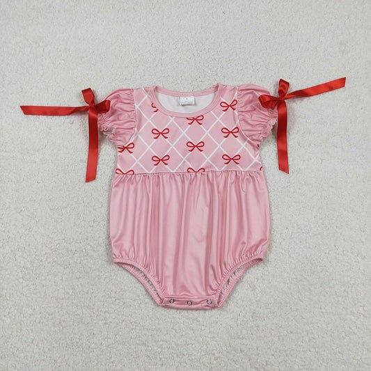 SR3285 Red Bows Pink Plaid Print Baby Girls Valentine's Day Romper