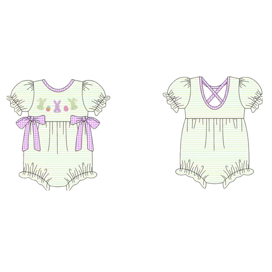 (Pre-order)SR3287 Eggs Bunny Stripes Print Baby Girls Easter Romper