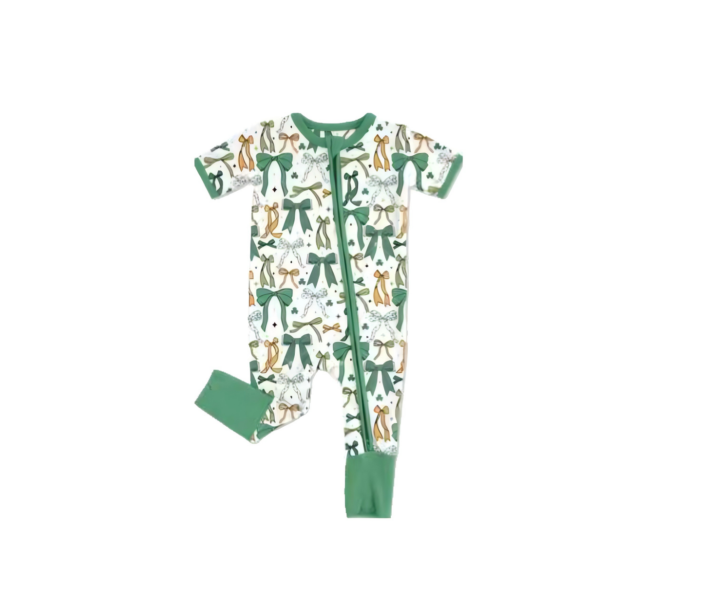 (Pre-order)SR3289 Green Bows Print Baby Girls St. Patrick's Day Sleeper Zipper Romper