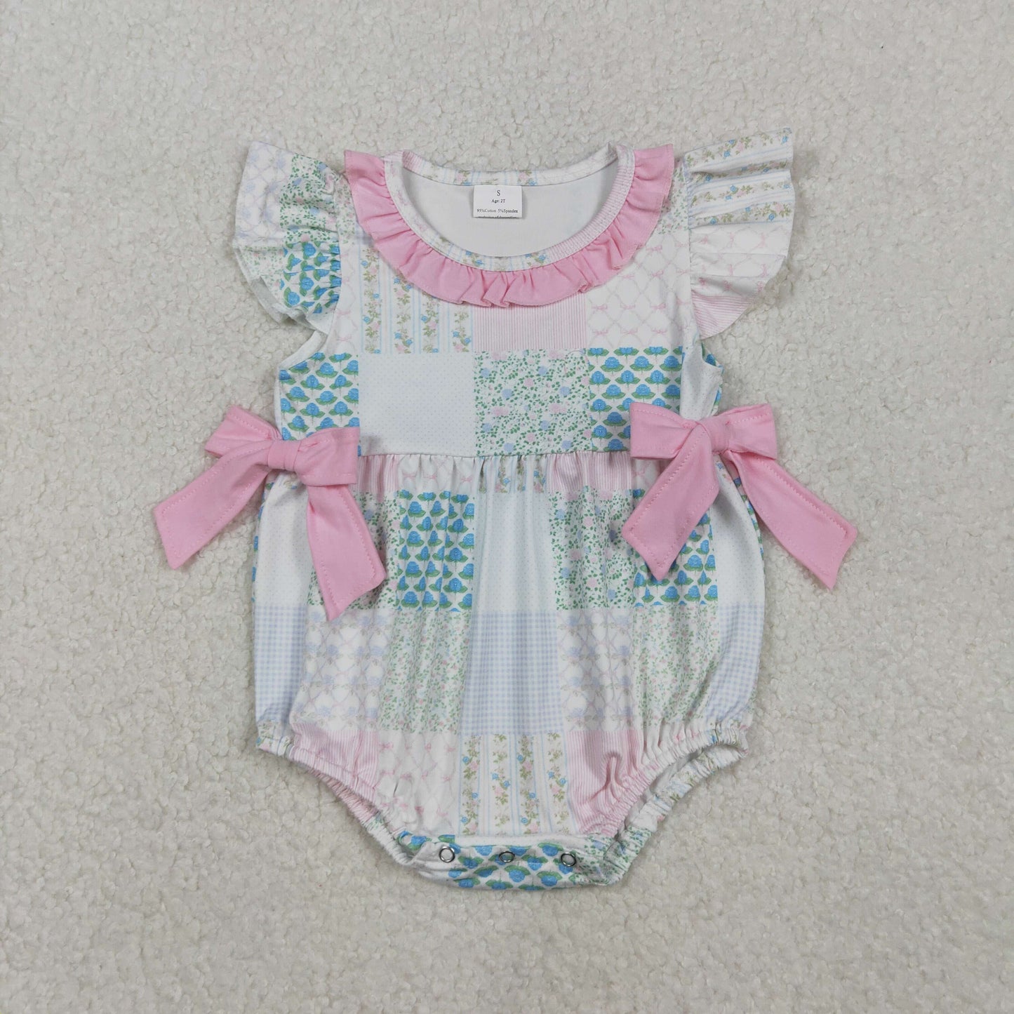 SR3293 Flowers Pink Plaid Print Baby Girls Summer Romper