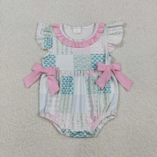 SR3293 Flowers Pink Plaid Print Baby Girls Summer Romper