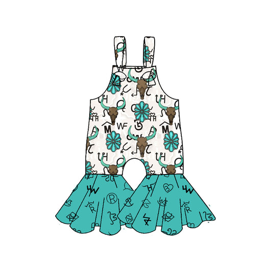 (Pre-order)SR3299 Cow Skull Turquoise Wild Print Girls Western Summer Jumpsuits