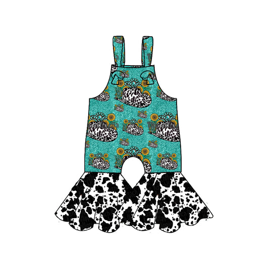 (Pre-order)SR3300 Hat Sunflowers Turquoise Print Girls Western Summer Jumpsuits