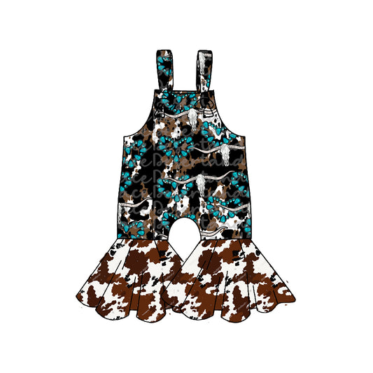 (Pre-order)SR3301 Cow Skull Turquoise Print Girls Western Summer Jumpsuits