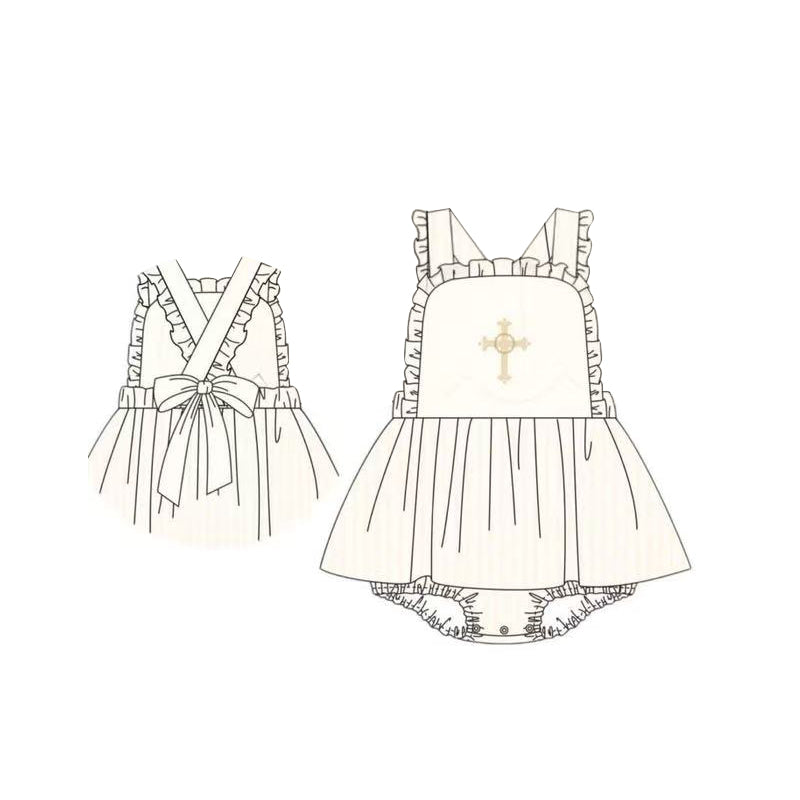 (Pre-order)SR3306 Cross Yellow Stripes Print Baby Girls Easter Skirted Romper